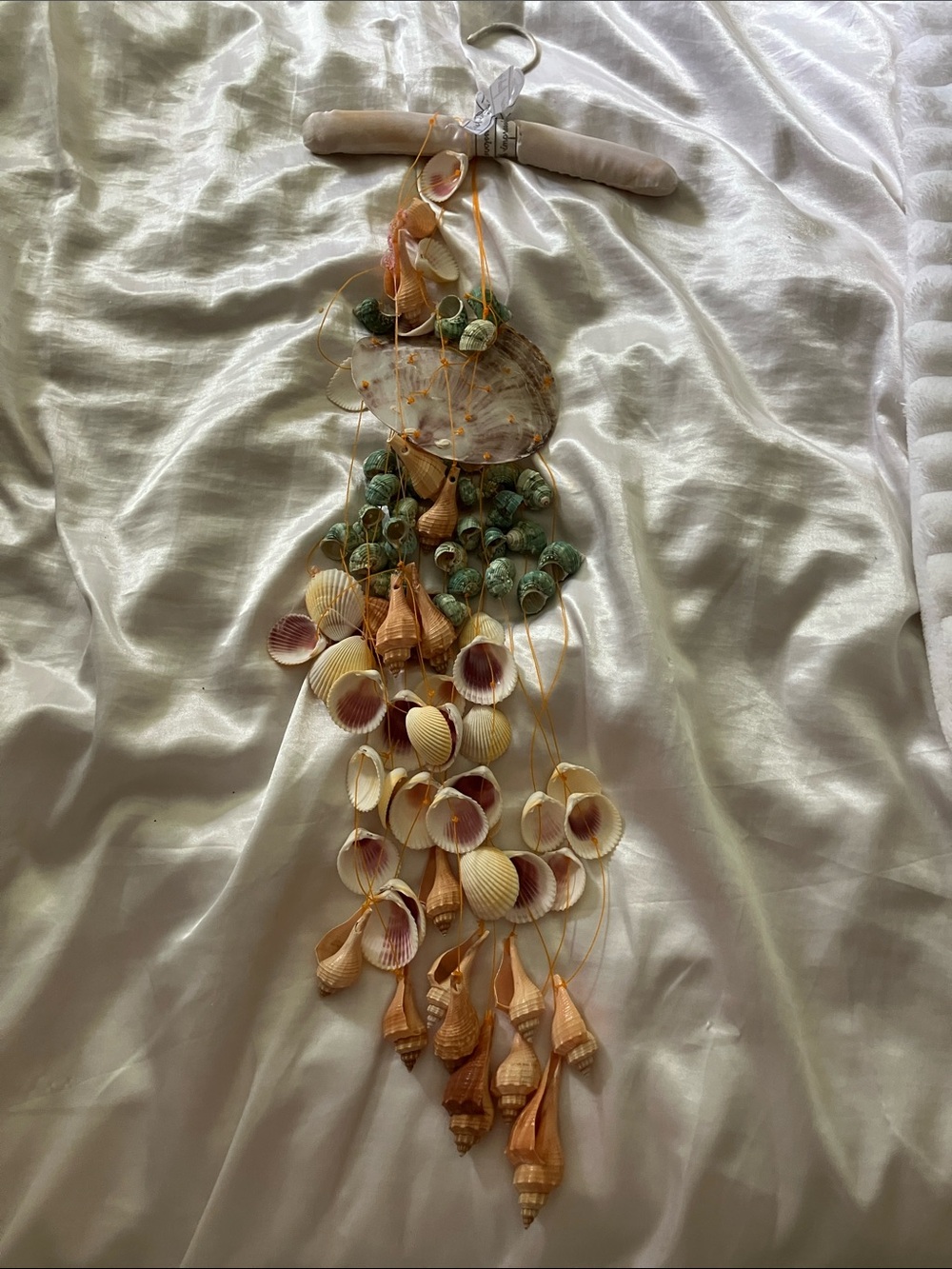 Handmade Hanging Seashell chandelier wind chime - Natural Coral & Green Tones